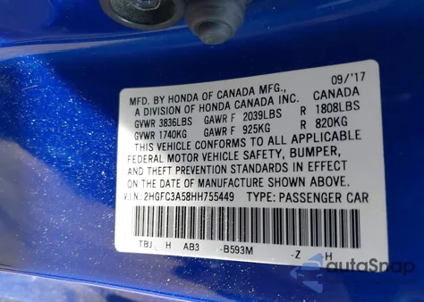 2017 Honda Civic Si from USA, damaged, VIN 2HGFC3A58HH755449